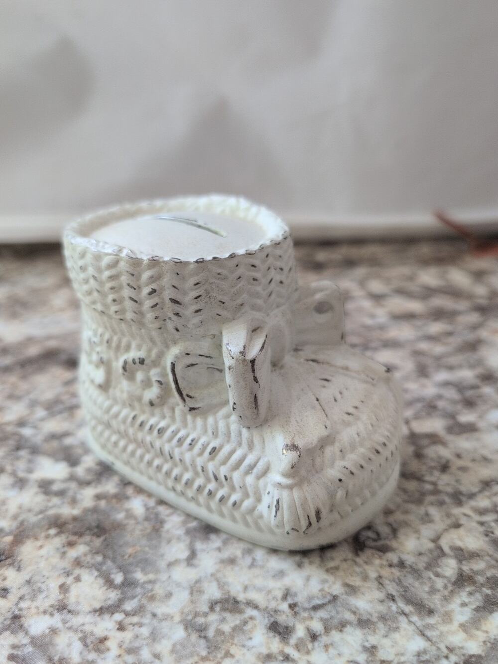 Vintage Baby Boot Bootie Piggy Bank Cast Metal Original Sticker Leonard Japan